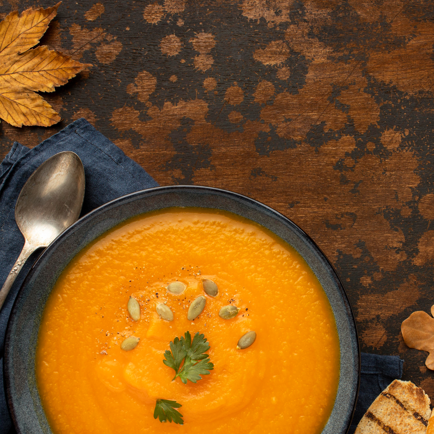 piatto di vellutata di zucca con crostoni di pane