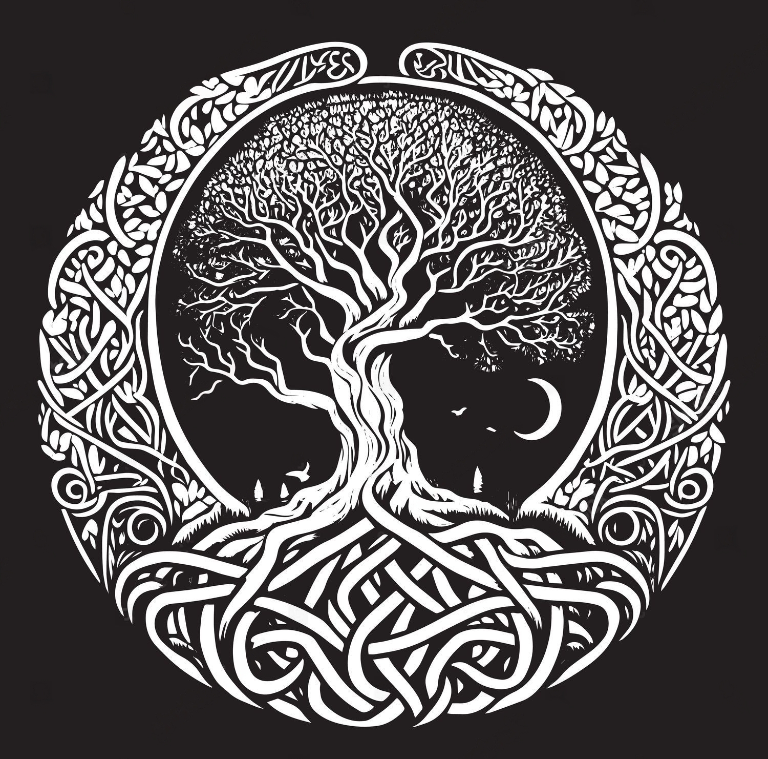 disegno in bianco e nero di yggdrasil, l'albero della vita.